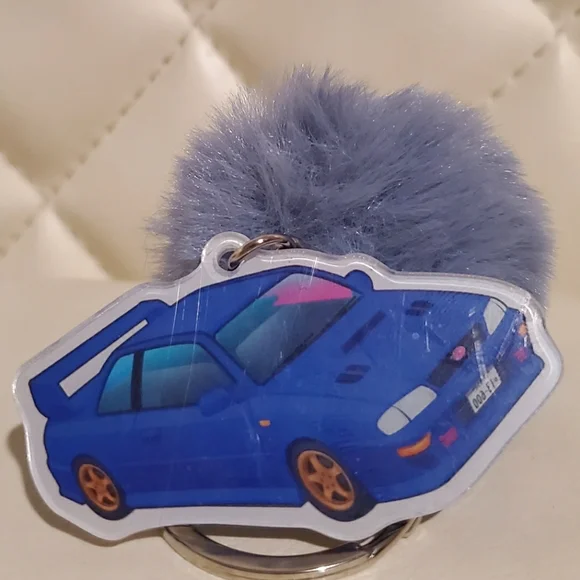Subaru Impreza WRX STI Keychain + Fuzzy Ball Car Key Accessory Blue - Picture 2 of 2